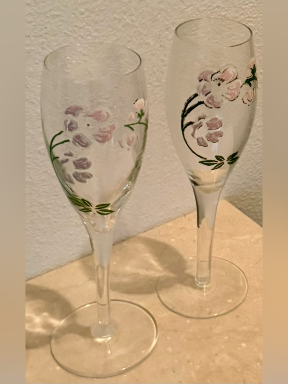 2 Perrier-Jouët Belle Epoque hand-painted champagne flutes. France